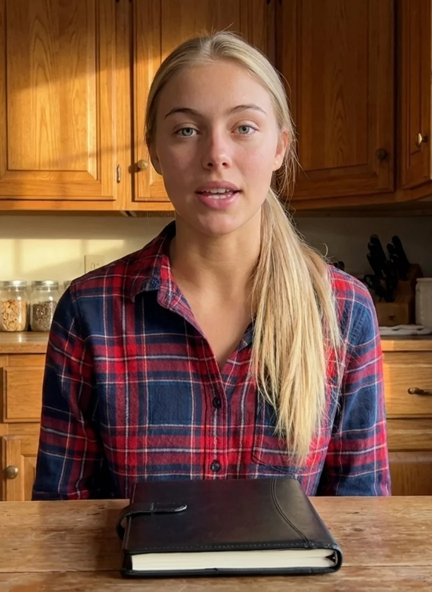 Clara Beiler at the farmhouse kitchen table with Grandpa Amos's black notebook open in front of her