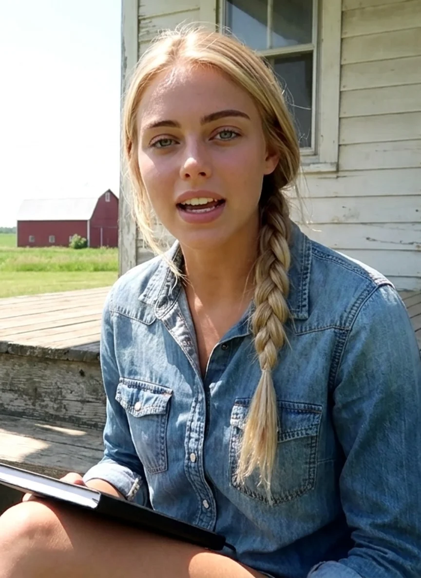 Clara on the farmhouse porch in the late afternoon light, holding the black notebook